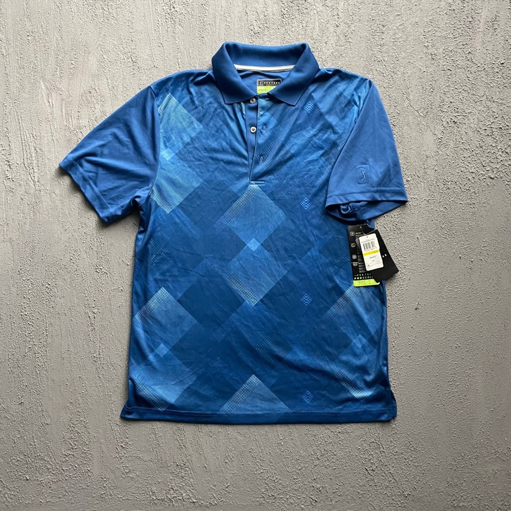 PGA Tour Geometric Pattern Golf Polo Shirt Mens Medium Blue